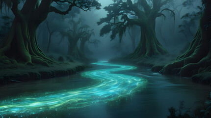 A river glowing with luminous liquid, winding through a dark, mysterious forest. 