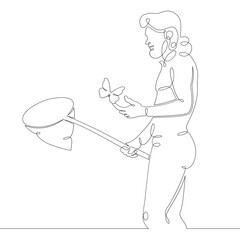 Scientist naturalist entomologist with butterfly net in hand catching butterflies. One continuous drawing line, logo single hand drawn art doodle isolated minimal illustration.