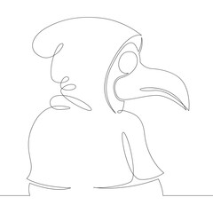Head mask hood historical plague doctor. One continuous drawing line, logo single hand drawn art doodle isolated minimal illustration.
