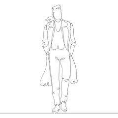 Portrait of a young woman in a trendy modern coat. One continuous drawing line, logo single hand drawn art doodle isolated minimal illustration.