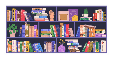 Bookshelf with books for reading, education, knowledge. Home library on shelf. Study and fiction literature, encyclopedias standing and stacked. Flat vector illustration isolated on white background