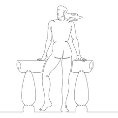 A young slender woman stands with her elbows on a balustrade with columns. One continuous drawing line, logo single hand drawn art doodle isolated minimal illustration.