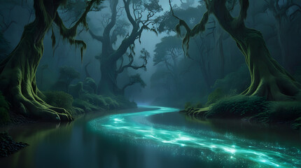 A river glowing with luminous liquid, winding through a dark, mysterious forest. 