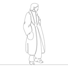 Portrait of a young woman in a trendy modern coat. One continuous drawing line, logo single hand drawn art doodle isolated minimal illustration.