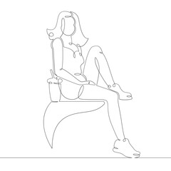 Young woman drinking coffee hot drink while sitting on the bench. One continuous drawing line, logo single hand drawn art doodle isolated minimal illustration.