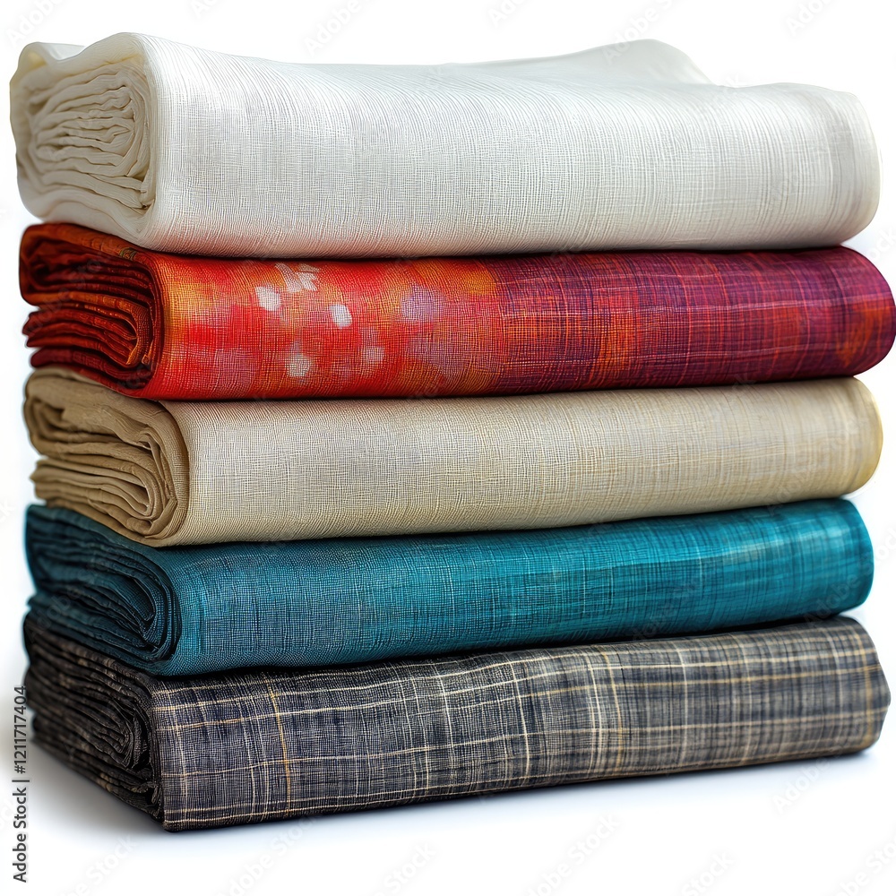 Poster stack of ironed neatly folded silk linen against white background.