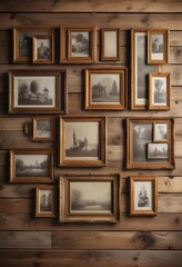 Collection of vintage style photo frames on a rustic wooden wall, nostalgia, memories