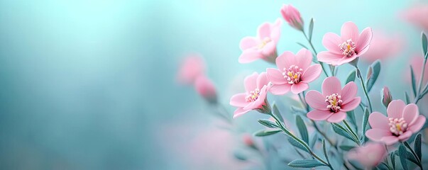Obraz premium Pastel spring idea. Delicate pink flowers in a serene blurred background, evoking tranquility and beauty.