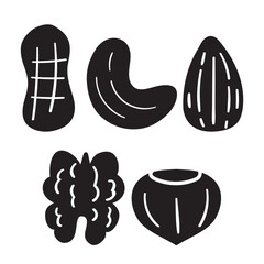 Collection of nuts. Silhouettes. Isolated icons. Hand drawn illustrations on white background.