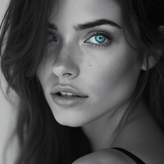 Fototapeta premium black and white portrait of a woman with bright blue eyes 