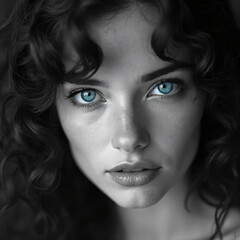 Fototapeta premium black and white portrait of a woman with bright blue eyes 
