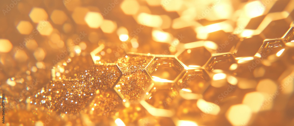 Poster Golden honeycomb texture showcasing hexagonal cells with sparkly details