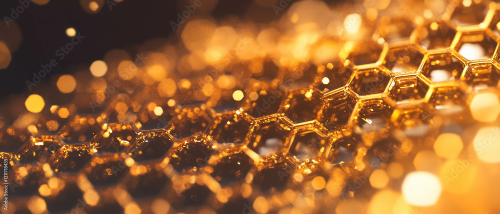 Poster Exploration of honeycomb texture with hexagonal patterns and golden shimmer