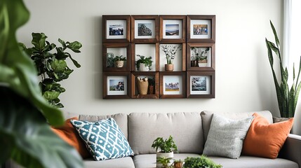 Modern Living Room Decor with Photo Collage and Plants