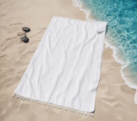 High angle shot of a white beach towel by crystal clear blue water, clean, relaxation, clear water