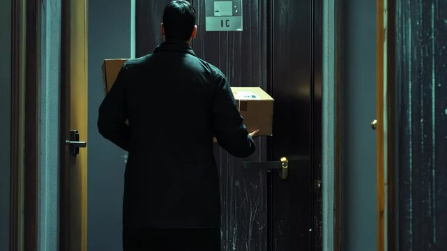 Delivery person leaves a package at a residence with a dark door during evening hours