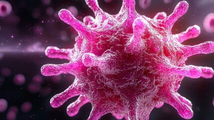 Microscopic Visualization of a Virus Particle: Detailed 3D Render of Pink and Purple Viral Structure for Medical and Scientific Us