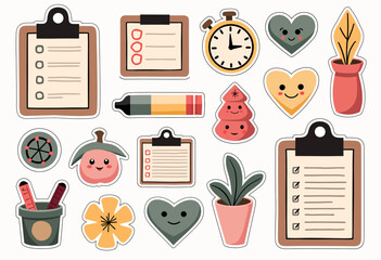 Modern To-Do List Vector Set: Cute & Simple Sticker Art, Soft Muted Palette, Various Designs, Isolated on Pure White, Organized Planning & Task Management Tools.


