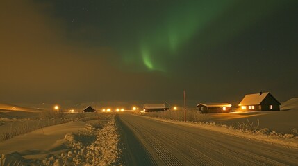 Fototapeta premium Dazzling northern lights illuminate a serene landscape of snow-covered cabins nestled in the wilderness. The cold night air sparkles with magical hues of green, captivating all who gaze upon it