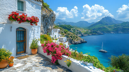 Embrace the allure of Mediterranean architecture with this enchanting image. A cluster of whitewashed houses adorned with colorful flowers overlooks a tranquil bay.
