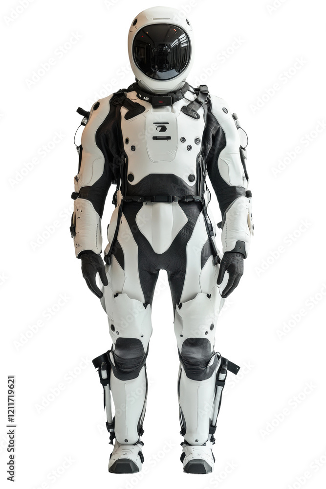 Poster high-tech exoskeleton suit designed for advanced robotics and exploration tasks isolated on transpar