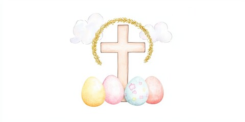 Obraz premium Colorful Easter eggs with a cross and clouds, symbolizing renewal.