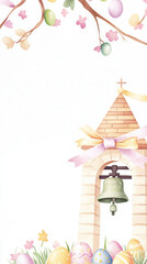 Fototapeta premium Easter theme with colorful eggs and a decorative bell tower.