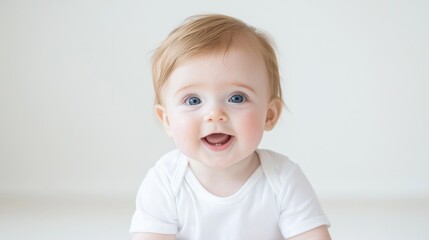 Naklejka premium Happy baby girl crawling, studio shot, white background, infant development