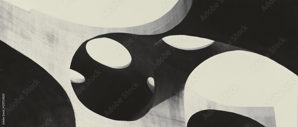 Poster exploring paradoxical forms with impossible shapes and intriguing textures in monochrome design