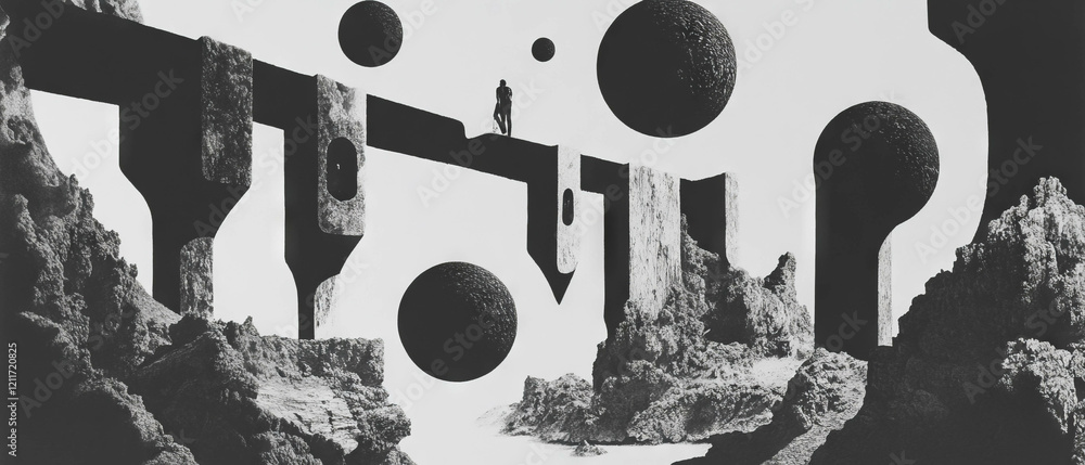 Poster visual exploration of impossible shapes and paradoxical structures in a surreal landscape
