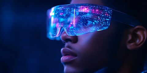 Person wearing futuristic augmented reality glasses.