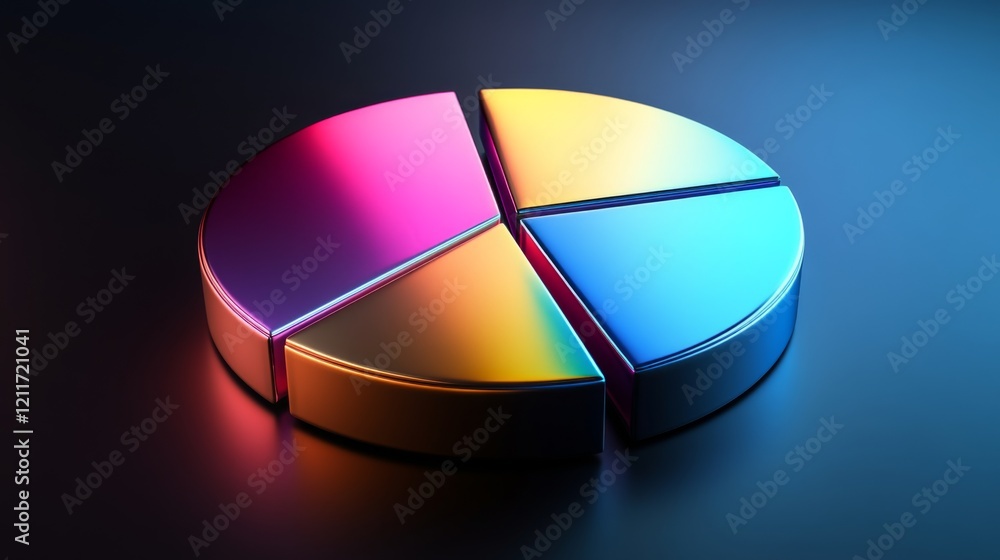 Poster a sleek metallic d pie chart with separated slices, each segment reflecting light differently, set a