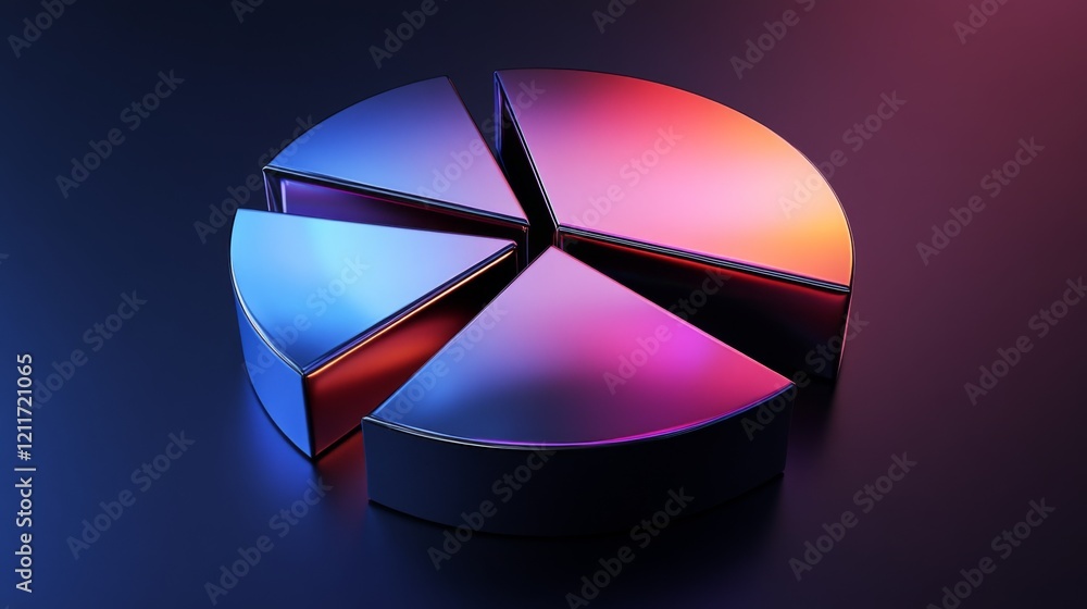 Poster a sleek metallic d pie chart with separated slices, each segment reflecting light differently, set a