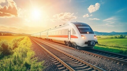 Fototapeta premium A sleek high-speed train gliding through a scenic countryside, with vibrant green fields and distant mountains, showcasing the beauty of modern travel