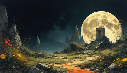 Naklejka premium A digital painting of a surreal landscape with a large moon.