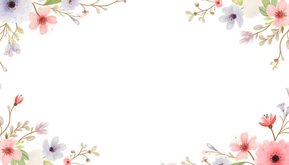 A seamless watercolor floral border with a variety of vibrant flowers and subtle greenery, designed to frame text or images on a white background