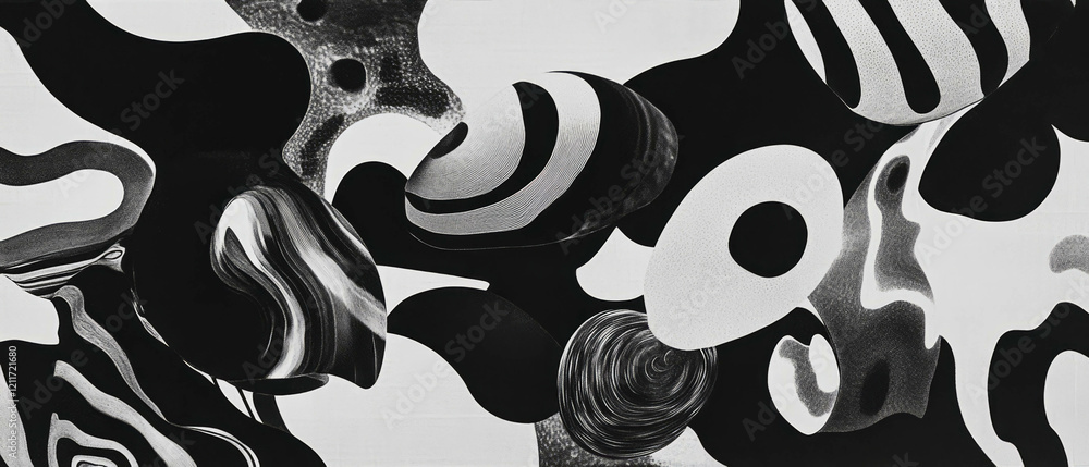 Poster Exploring interlocking shapes and ambiguous figures in monochrome textures