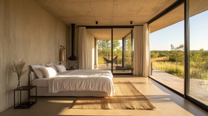 A spacious bedroom with a minimalist design, featuring a king-size bed, neutral decor, and large windows for an airy, open feel