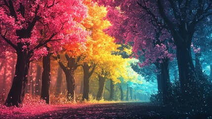 Vibrant Autumn Forest Path: A Dreamlike Walk Through Colorful Trees