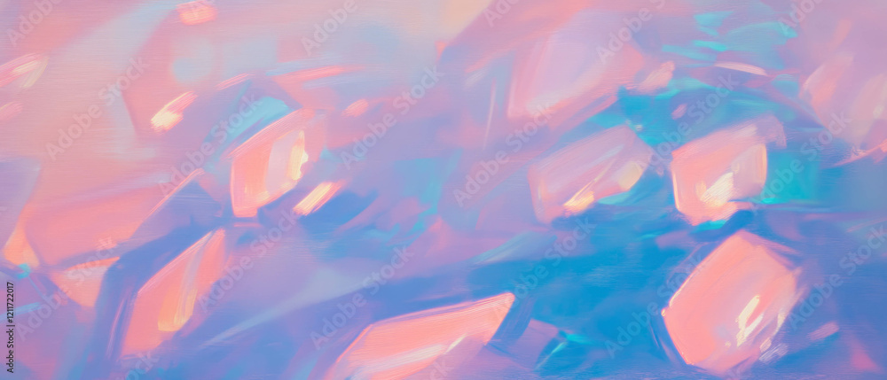 Poster explore vibrant iridescent textures and geometric forms in shifting colors