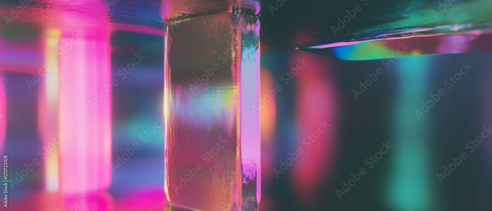 Poster exploration of iridescent textures with geometric shapes and shifting colors in vibrant design