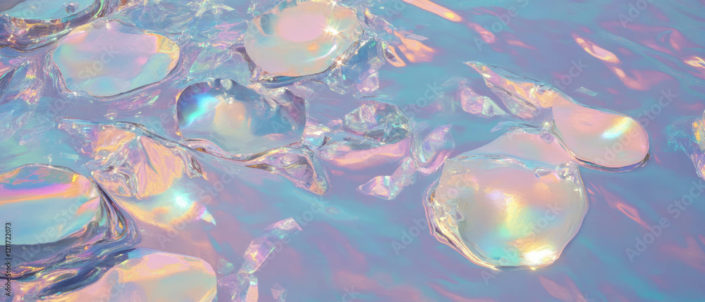 Aufkleber shifting colors and textures of iridescent materials with geometric shapes in a surreal landscape