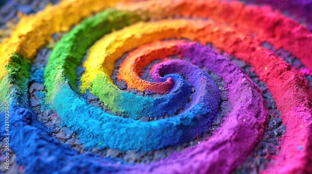 Poster rainbow holi concept. a vibrant spiral of colorful powders creating a mesmerizing rainbow pattern.