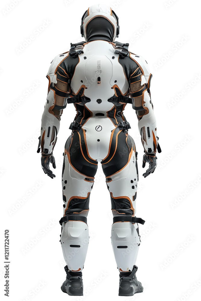 Poster futuristic robotic suit designed for advanced exploration and combat scenarios isolated on transpare