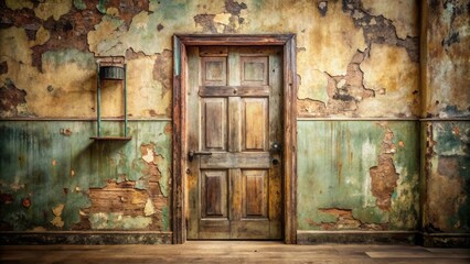 Antique Wooden Door in a Room with Aged, Peeling Walls and a Small Shelf