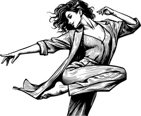 A black and white illustration of a dancing woman in a dynamic, expressive pose. Vector illustration in linocut style