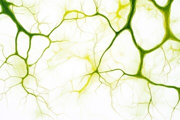 A close up view of an abstract green and yellow branching pattern, resembling plant or neural networks, on a white background