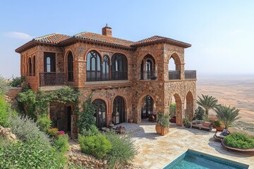 Fototapeta premium Stone villa, desert view, pool, lush landscaping.