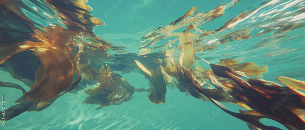 Poster exploring the intricate textures of kelp seaweed in a sunlit underwater environment