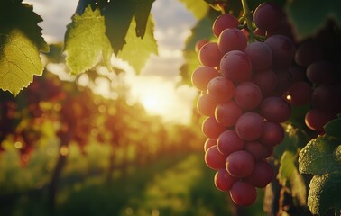 Fototapeta premium Grapes hanging on vine at sunset in a vineyard during late summer season
